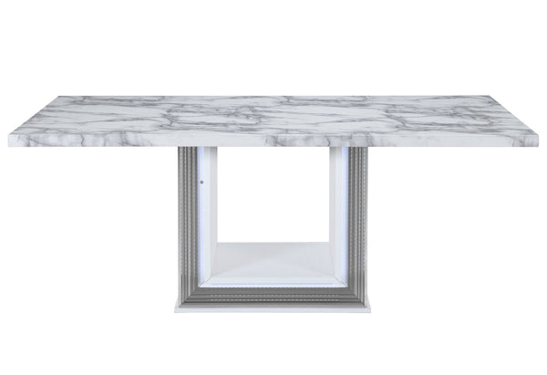 HomeRoots 79" Light Gray & White Marble Pedestal Dining Table – Elegant, Durable Design for 6 – Modern Style 564903