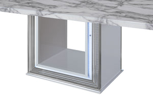 HomeRoots 79" Light Gray & White Marble Pedestal Dining Table – Elegant, Durable Design for 6 – Modern Style 564903