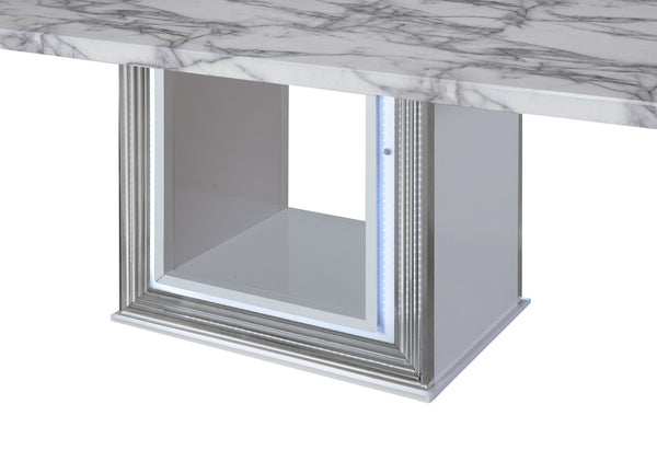 HomeRoots 79" Light Gray & White Marble Pedestal Dining Table – Elegant, Durable Design for 6 – Modern Style 564903