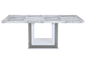 HomeRoots 79" Light Gray & White Marble Pedestal Dining Table – Elegant, Durable Design for 6 – Modern Style 564903