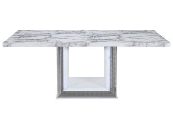 HomeRoots 79" Light Gray & White Marble Pedestal Dining Table – Elegant, Durable Design for 6 – Modern Style 564903