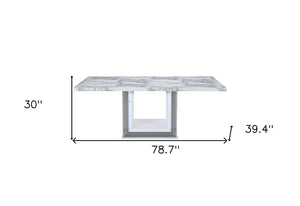 HomeRoots 79" Light Gray & White Marble Pedestal Dining Table – Elegant, Durable Design for 6 – Modern Style 564903