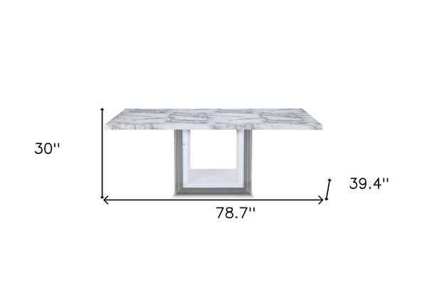 HomeRoots 79" Light Gray & White Marble Pedestal Dining Table – Elegant, Durable Design for 6 – Modern Style 564903