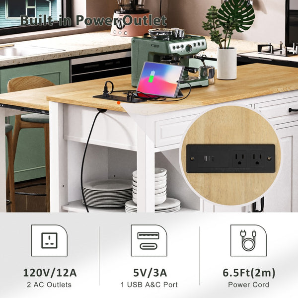 English Elm K&k Farmhouse Kitchen Island Extendable Table Rubber Wood Veneer Built-in Charging Storage White N707S215327W