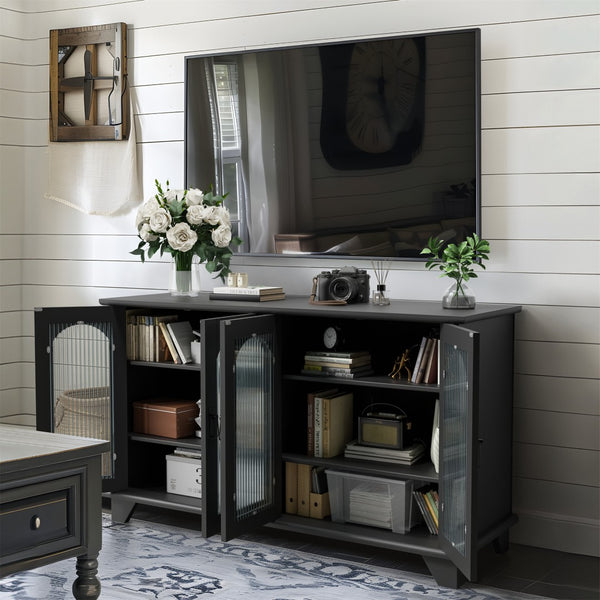 Homeroots 45" Black Glass & Wood Enclosed Storage Tv Stand - Stylish, Durable, & Perfect For Any Room Setup  Glass,Manufactured Wood 564938