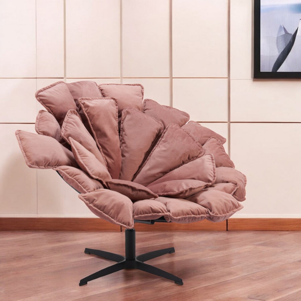 HomeRoots 42" Pink Velvet Swivel Side Chair with Black Accents, Geometric Pillows – Modern Comfort for Any Space 564970