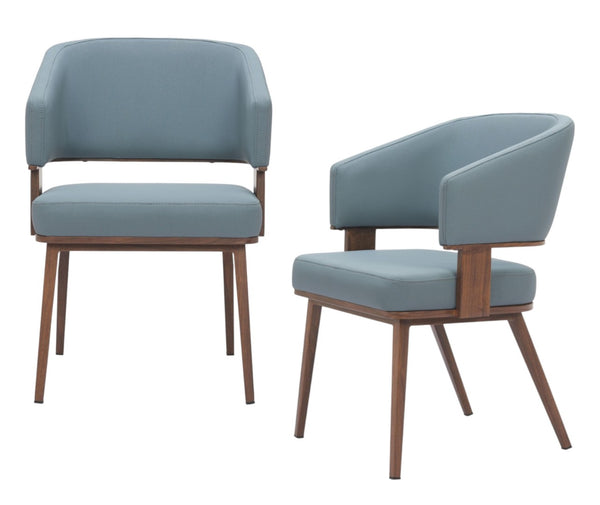 HomeRoots Set of Two Modern Gray Faux Leather Dining Arm Chairs with Walnut Legs for Stylish Comfort 564980