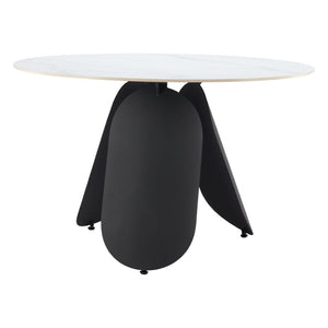 HomeRoots 48" Contemporary White Faux Marble Round Dining Table with Black Steel Pedestal Base for 4 People 564987