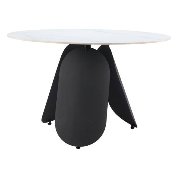 HomeRoots 48" Contemporary White Faux Marble Round Dining Table with Black Steel Pedestal Base for 4 People 564987