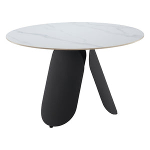 HomeRoots 48" Contemporary White Faux Marble Round Dining Table with Black Steel Pedestal Base for 4 People 564987