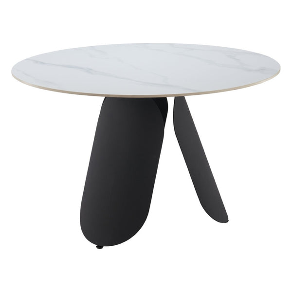 HomeRoots 48" Contemporary White Faux Marble Round Dining Table with Black Steel Pedestal Base for 4 People 564987