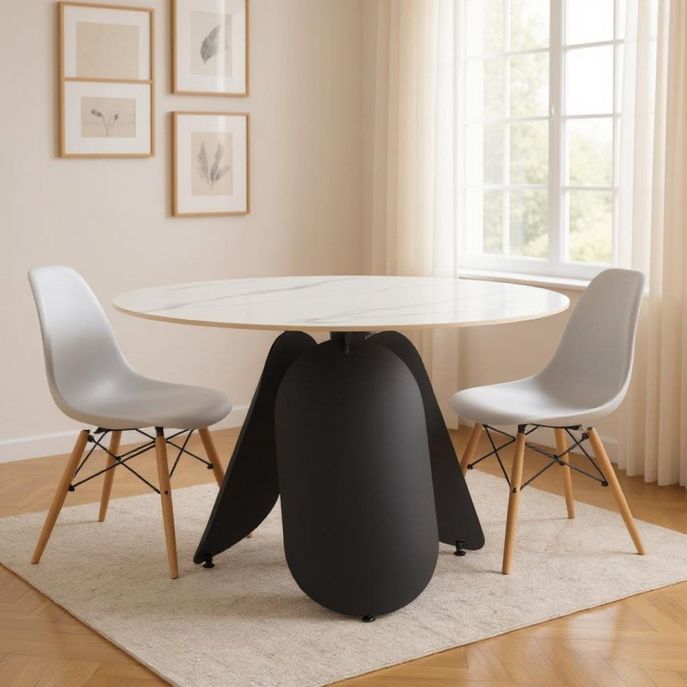HomeRoots 48" Contemporary White Faux Marble Round Dining Table with Black Steel Pedestal Base for 4 People 564987