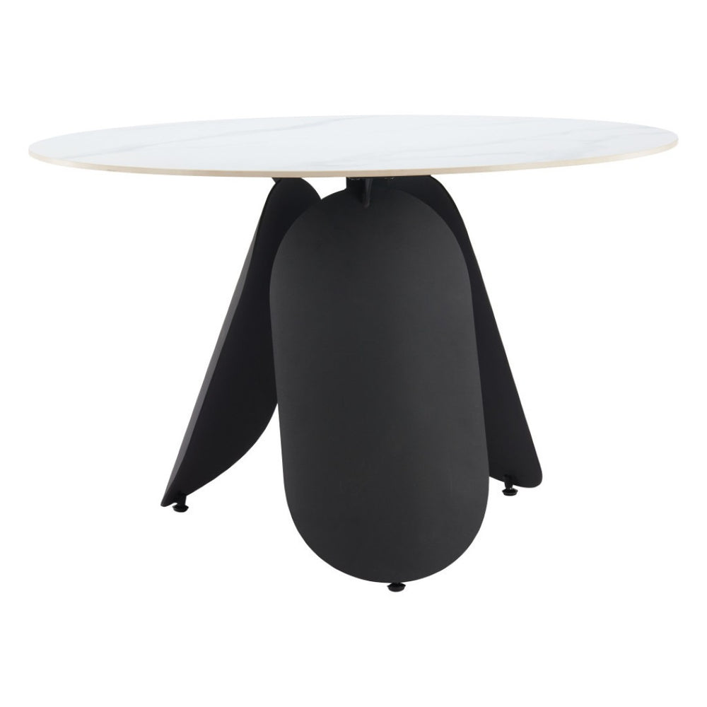 HomeRoots 48" Contemporary White Faux Marble Round Dining Table with Black Steel Pedestal Base for 4 People 564987