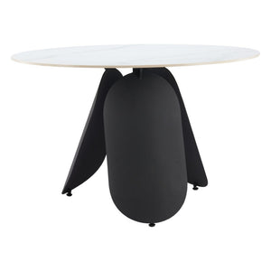 HomeRoots 48" Contemporary White Faux Marble Round Dining Table with Black Steel Pedestal Base for 4 People 564987