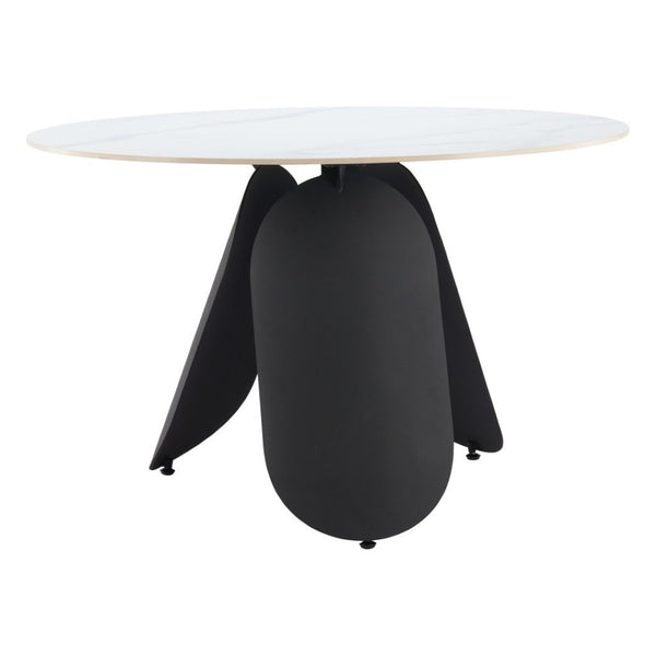 HomeRoots 48" Contemporary White Faux Marble Round Dining Table with Black Steel Pedestal Base for 4 People 564987