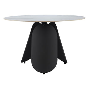 HomeRoots 48" Contemporary White Faux Marble Round Dining Table with Black Steel Pedestal Base for 4 People 564987