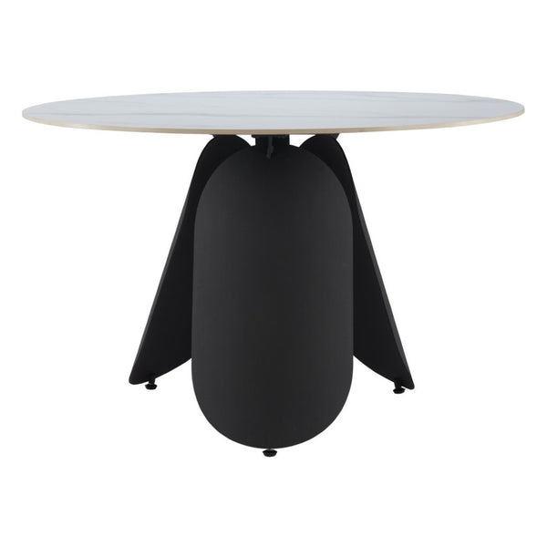 HomeRoots 48" Contemporary White Faux Marble Round Dining Table with Black Steel Pedestal Base for 4 People 564987