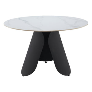 HomeRoots 48" Contemporary White Faux Marble Round Dining Table with Black Steel Pedestal Base for 4 People 564987