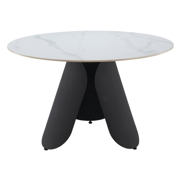 HomeRoots 48" Contemporary White Faux Marble Round Dining Table with Black Steel Pedestal Base for 4 People 564987