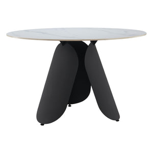 HomeRoots 48" Contemporary White Faux Marble Round Dining Table with Black Steel Pedestal Base for 4 People 564987
