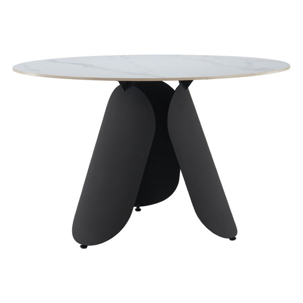 HomeRoots 48" Contemporary White Faux Marble Round Dining Table with Black Steel Pedestal Base for 4 People 564987