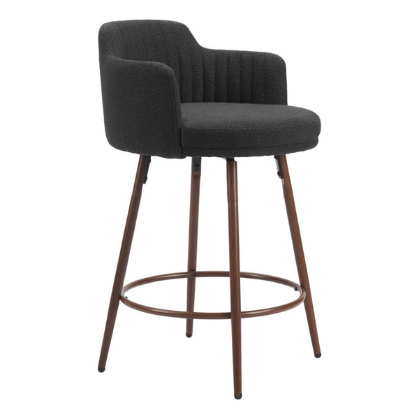 HomeRoots Set of Two Stylish 26" Black Faux Shearling Swivel Bar Chairs with Walnut Steel Base for Comfort 564990