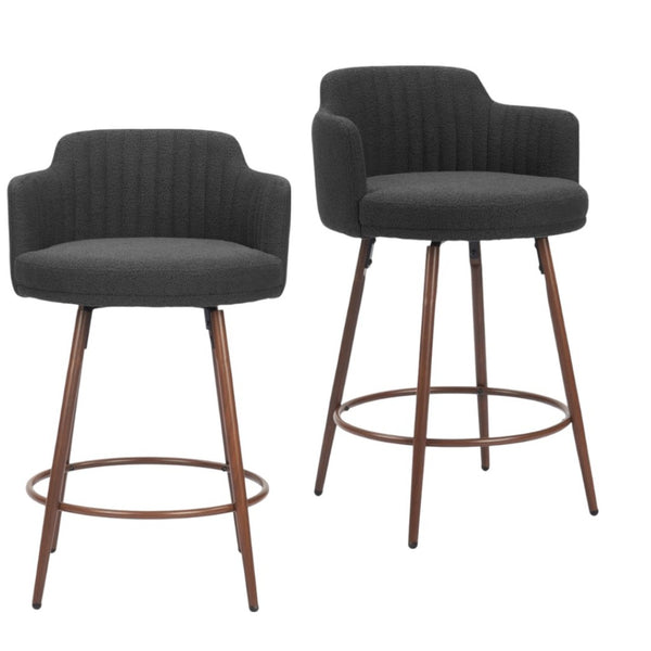 HomeRoots Set of Two Stylish 26" Black Faux Shearling Swivel Bar Chairs with Walnut Steel Base for Comfort 564990