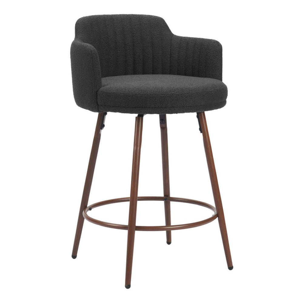 HomeRoots Set of Two Stylish 26" Black Faux Shearling Swivel Bar Chairs with Walnut Steel Base for Comfort 564990