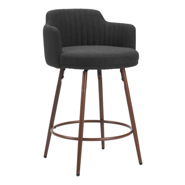HomeRoots Set of Two Stylish 26" Black Faux Shearling Swivel Bar Chairs with Walnut Steel Base for Comfort 564990