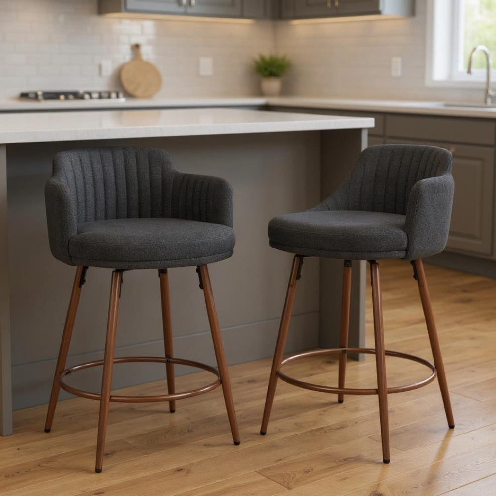 HomeRoots Set of Two Stylish 26" Black Faux Shearling Swivel Bar Chairs with Walnut Steel Base for Comfort 564990