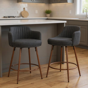 HomeRoots Set of Two Stylish 26" Black Faux Shearling Swivel Bar Chairs with Walnut Steel Base for Comfort 564990