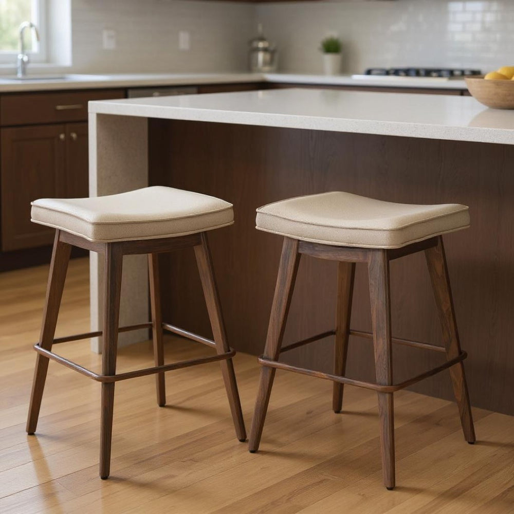 HomeRoots Set of Two Stylish 27" Beige Faux Leather Backless Bar Chairs with Walnut Steel Base for Any Space 564991