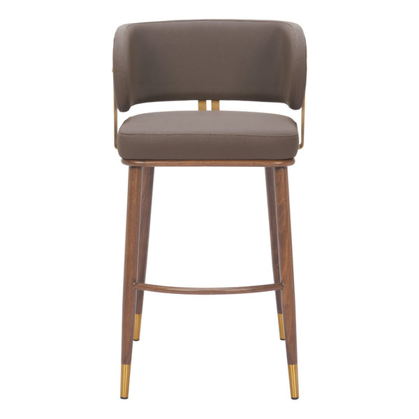 HomeRoots 30" Elegant Brown Faux Leather Bar Chair with Gold and Walnut Frame for Modern Home Bars & Islands 564992