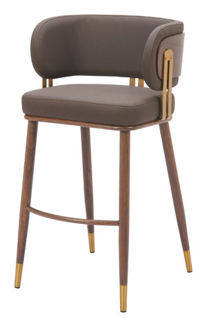 Homeroots 30" Stylish Brown Gold & Walnut Bar Chair With Faux Leather Seat, Armrests & Footrest For Comfort   564992