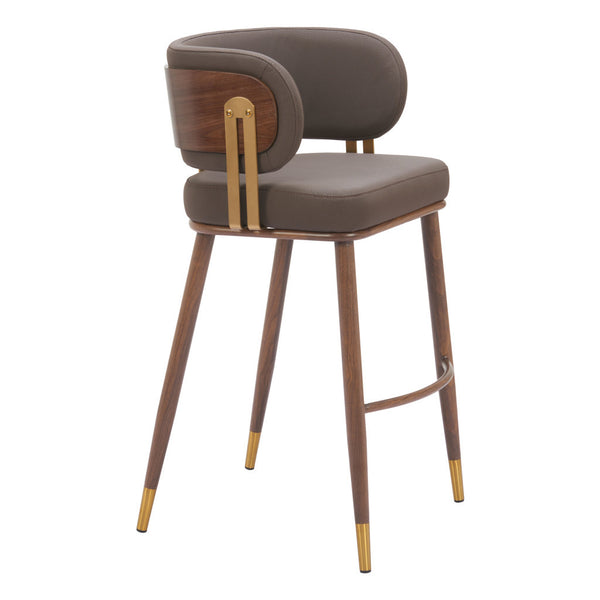 Homeroots 30" Stylish Brown Gold & Walnut Bar Chair With Faux Leather Seat, Armrests & Footrest For Comfort   564992