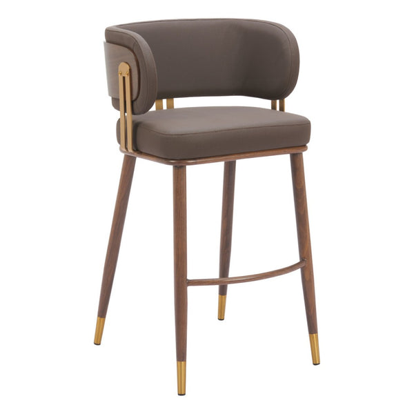 Homeroots 30" Stylish Brown Gold & Walnut Bar Chair With Faux Leather Seat, Armrests & Footrest For Comfort   564992