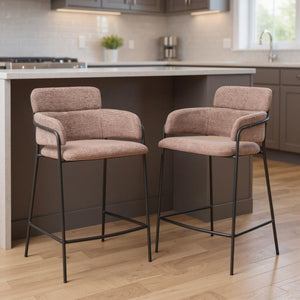 HomeRoots Set of Two 26" Brown Faux Shearling Bar Chairs with Black Steel Base for Modern Comfort & Style 564993