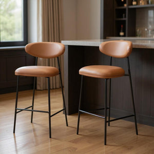 HomeRoots Set of Two Stylish 29" Brown Faux Leather & Black Steel Low Back Bar Chairs for Modern Spaces 564994