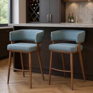 HomeRoots Set of Two Stylish 29" Gray Wood & Fabric Low-Back Bar Chairs for Modern Dining & Socializing 564995