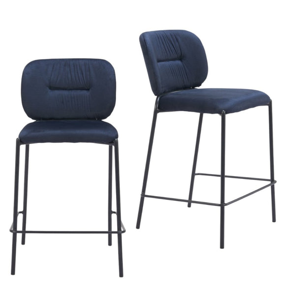 HomeRoots Set of Two 25" Blue Velvet and Black Steel Counter-Height Bar Chairs for Stylish Comfort 564996