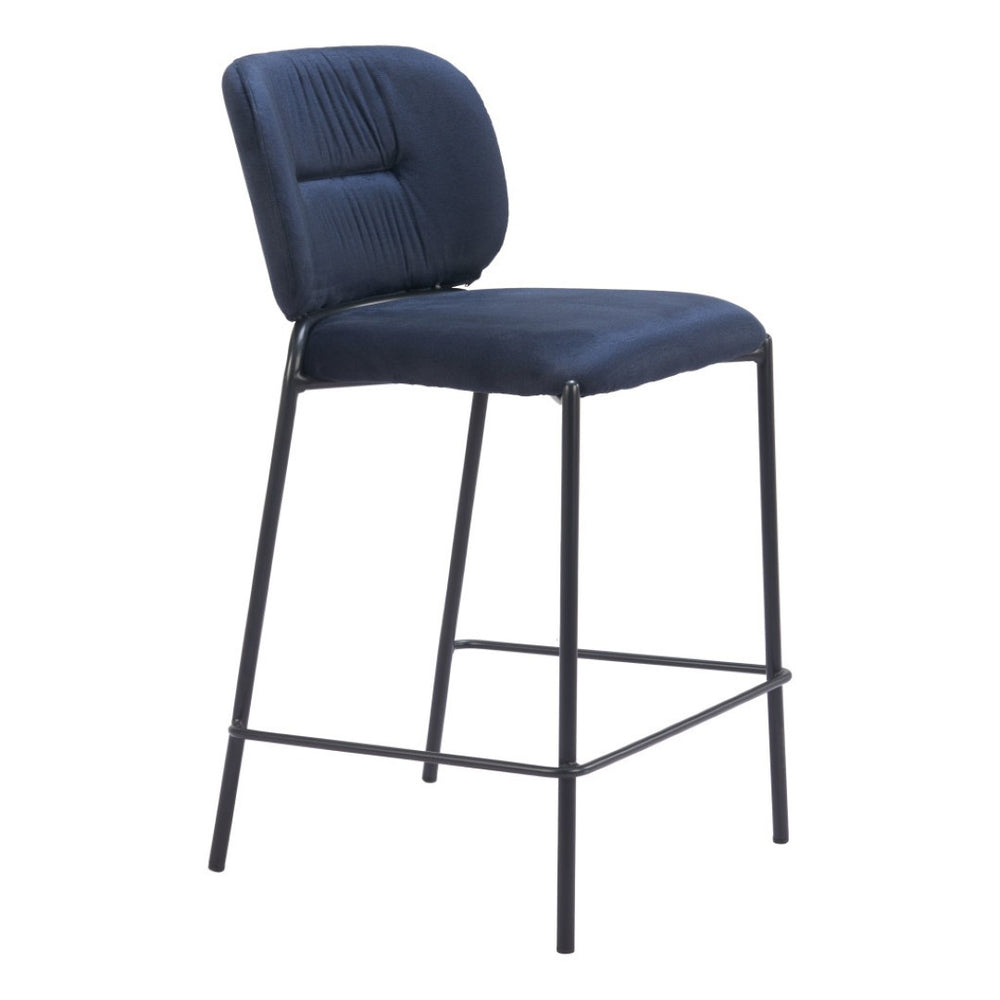 HomeRoots Set of Two 25" Blue Velvet and Black Steel Counter-Height Bar Chairs for Stylish Comfort 564996