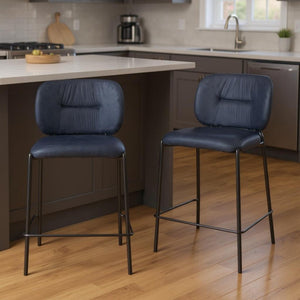 HomeRoots Set of Two 25" Blue Velvet and Black Steel Counter-Height Bar Chairs for Stylish Comfort 564996