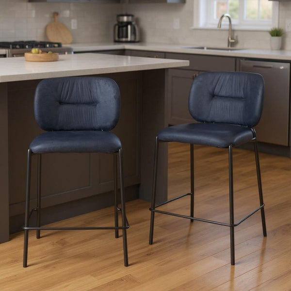 HomeRoots Set of Two 25" Blue Velvet and Black Steel Counter-Height Bar Chairs for Stylish Comfort 564996