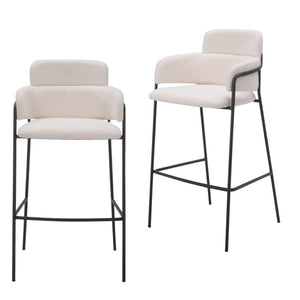 HomeRoots Set of Two Modern Faux Shearling Bar Chairs with Black Steel Frame for Kitchen & Hospitality Use 564997