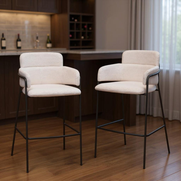 HomeRoots Set of Two Modern Faux Shearling Bar Chairs with Black Steel Frame for Kitchen & Hospitality Use 564997