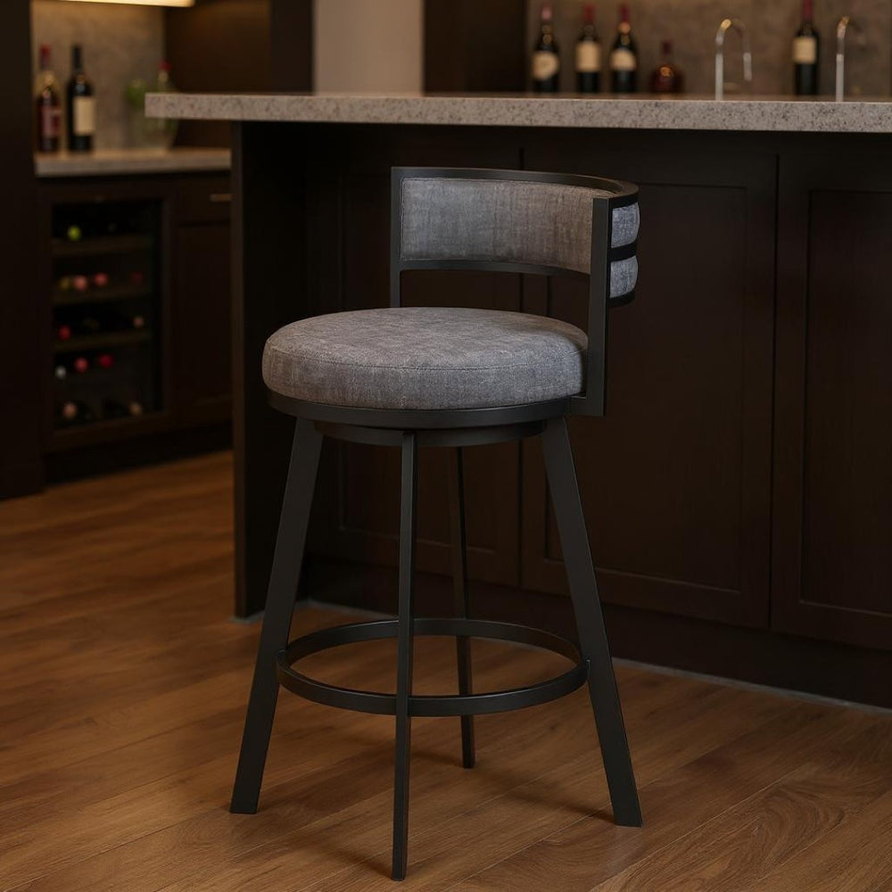 HomeRoots 31" Gray and Black Fabric and Steel Low Back Swivel Bar Chair for Stylish Kitchen and Dining Spaces 564998