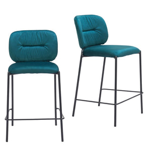 HomeRoots Set of Two 25" Green and Black Velvet Counter Height Bar Chairs with Steel Frame for Modern Style 564999