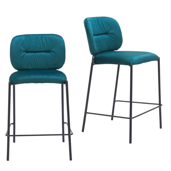 HomeRoots Set of Two 25" Green and Black Velvet Counter Height Bar Chairs with Steel Frame for Modern Style 564999