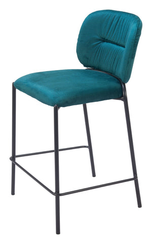 HomeRoots Set of Two 25" Green and Black Velvet Counter Height Bar Chairs with Steel Frame for Modern Style 564999