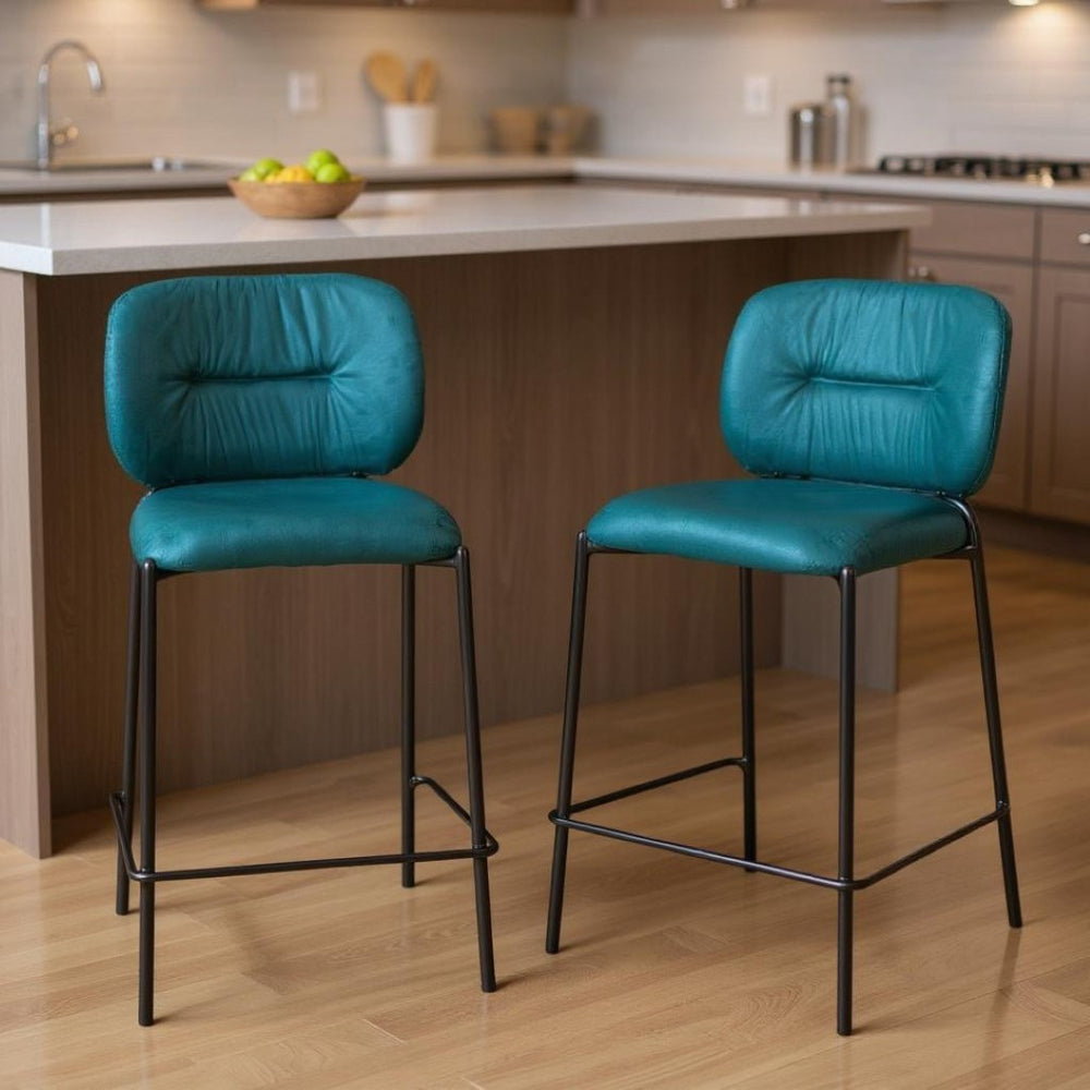 HomeRoots Set of Two 25" Green and Black Velvet Counter Height Bar Chairs with Steel Frame for Modern Style 564999